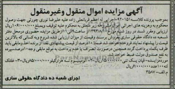 آگهی مزایده اموال منقول و غیرمنقول, مزایده قپان، آلومینیوم و غلتک