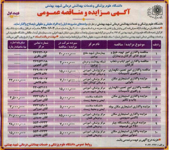آگهی مزایده,مزایده واگذاری امور تهیه، طبخ و توزیع غذای کارکنان و بیماران