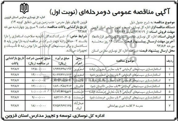 آگهی مناقصه عمومی دو مرحله ای , مناقصه استانداردسازی سیستم های گرمایشی 
