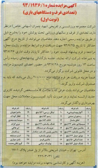 مزایده , مزایده تعدادی غرف و دستگاه های بازی