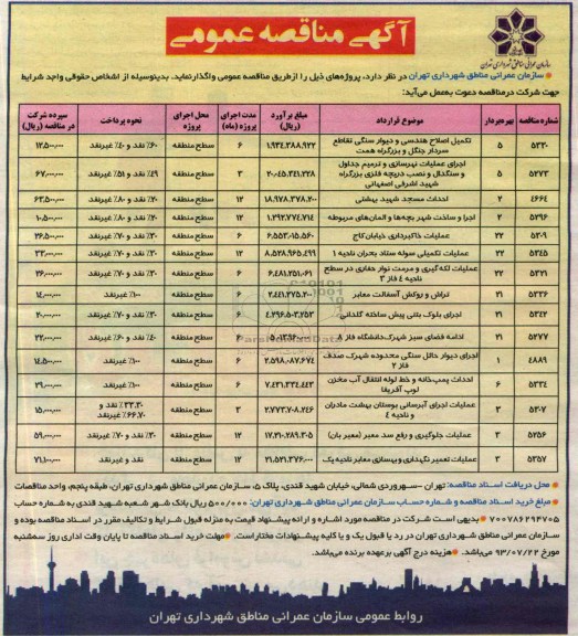 آگهی مناقصه عمومی , مناقصه تکمیل اصلاح هندسی و دیوار سنگی و ...