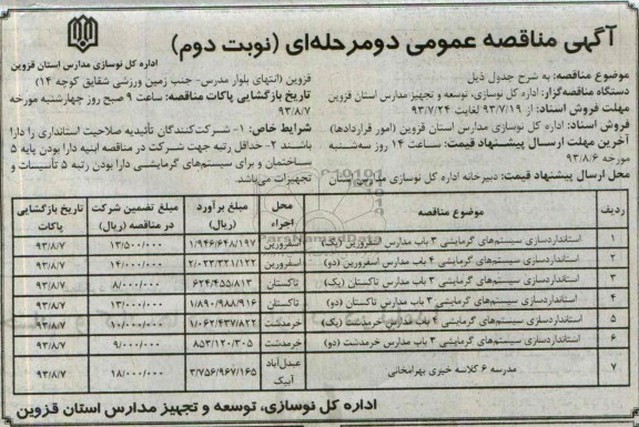 آگهی مناقصه عمومی دو مرحله ای , مناقصه استانداردسازی سیستم های گرمایشی 