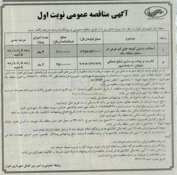 آگهی مناقصه عمومی, مناقصه آسفالت دستی کوچه های کم عرض در سطح منطقه 
