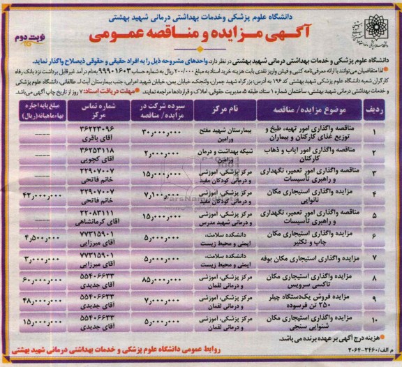 آگهی مزایده,مزایده واگذاری امور تهیه، طبخ و توزیع غذای کارکنان و بیماران