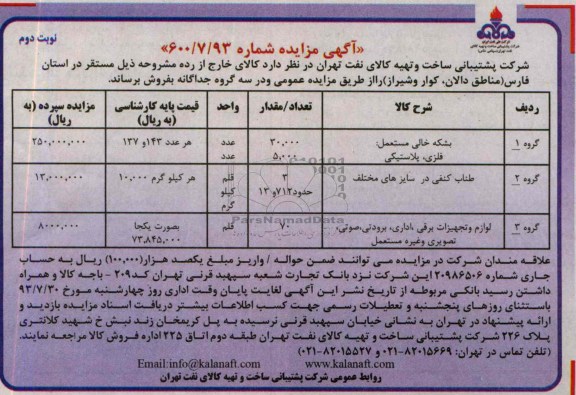 مزایده , مزایده بشکه های خالی مستعمل فلزی پلاستیکی