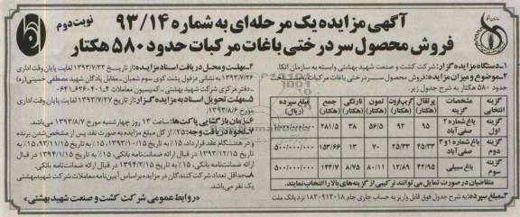 آگهی مزایده یک مرحله ای , مزایده فروش محصول سر درختی باغات مرکبات حدود 580 هکتار