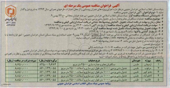 آگهی فراخوان مناقصه عمومی یک مرحله ای, مناقصه عملیات سنگفرش معابر و جداره سازی، جدول بتنی پرسی، زیرسازی و آسفالت 