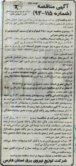 مناقصه , مناقصه خرید 4500 کیلوگرم انواع سیم آلومینیومی