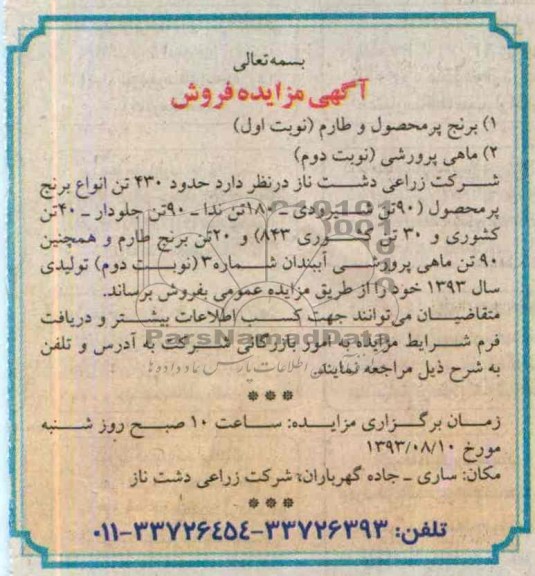 آگهی مزایده فروش,مزایده برنج پرمحصول و طارم
