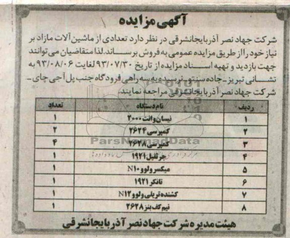 آگهی مزایده ,مزایده تعدادی از ماشین آلات مازاد