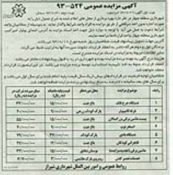 مزایده عمومی , مزایده عمومی واگذاری دستگاه چرخ فلک