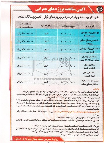 آگهی مناقصه, مناقصه بهسازی پیاده روها