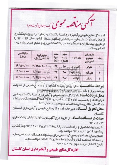 آگهی مناقصه عمومی یک مرحله ای, مناقصه پروژه جنگلکاری 