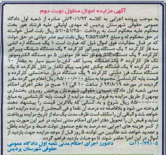 مزایده اموال منقول , مزایده اموال منقول یک دستگاه اره آتشی سه فاز