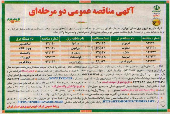 مناقصه عمومی دو مرحله ای , مناقصه عمومی دو مرحله ای اجرای پروژه های توسعه ، احداث و بهینه سازی شبکه های توزیع