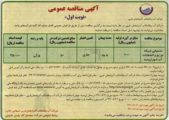 آگهی مناقصه عمومی , مناقصه نشتیابی شبکه توزیع و انشعابات آب 