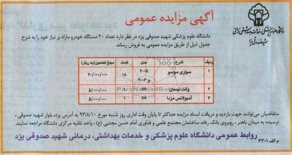آگهی مزایده عمومی ,مزایده تعداد 20 دستگاه خودرو مازاد
