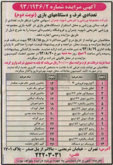 مزایده , مزایده تعدادی غرف و دستگاه های بازی