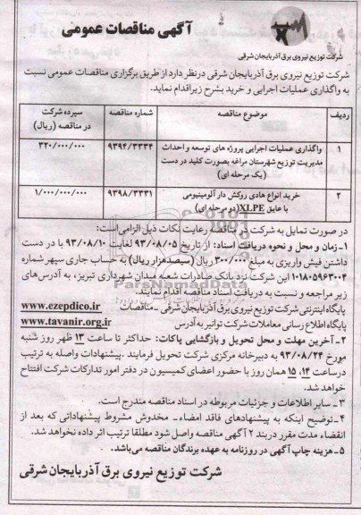 آگهی مناقصات عمومی,مناقصه واگذاری عملیات اجرایی پروژه های توسعه و احداث مدیریت توزیع 