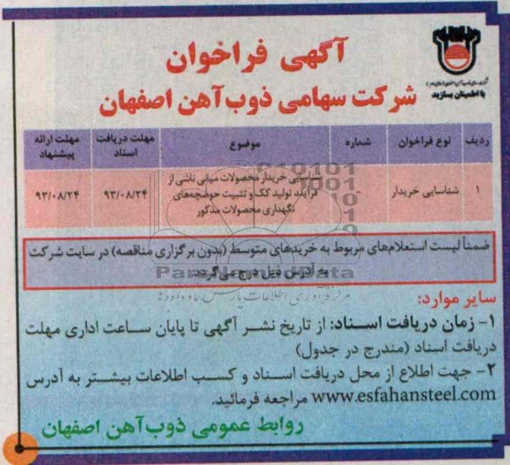 آگهی فراخوان ,مزایده شناسایی خریدار محصولات میانی 