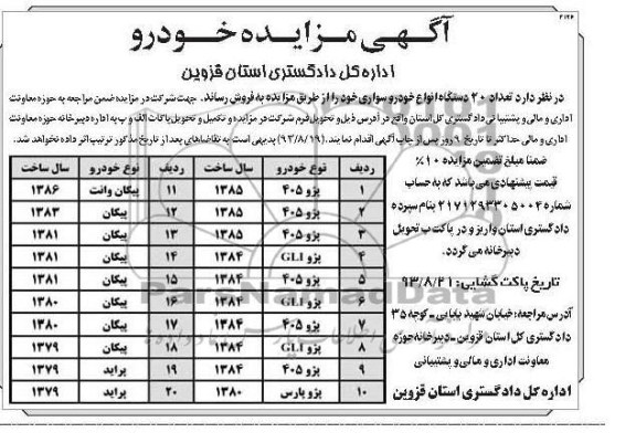 مزایده خودرو , مزایده تعداد 20 دستگاه انواع خودرو سواری