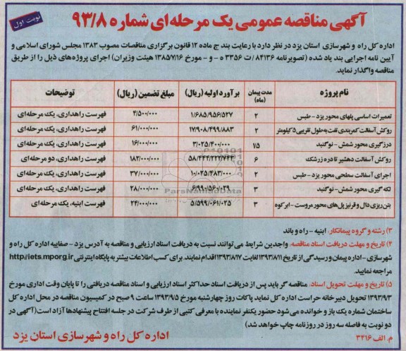 آگهی مناقصه عمومی یک مرحله ای, مناقصه تعمیرات اساسی پلهای 