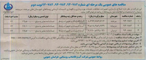 مناقصه های عمومی یک مرحله ای , مناقصه خدمات بهره برداری و نگهداری تاسیسات آبرسانی 