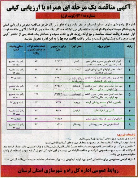 آگهی مناقصه یک مرحله ای همراه با ارزیابی کیفی , مناقصه اجرای لایه های زیر اساس و اساس محور 