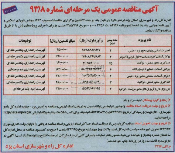 آگهی مناقصه عمومی یک مرحله ای, مناقصه تعمیرات اساسی پلهای 