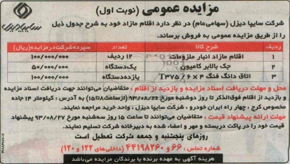آگهی مزایده عمومی ,مزایده  اقلام مازاد انبار ملزومات 