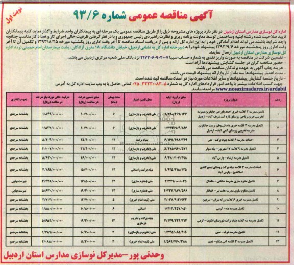 آگهی مناقصه عمومی, مناقصه تکمیل مدرسه