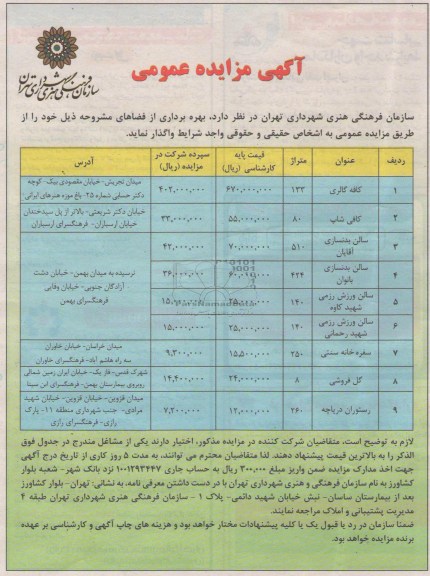 آگهی مزایده عمومی,مزایده بهره برداری از فضاهای مشروحه