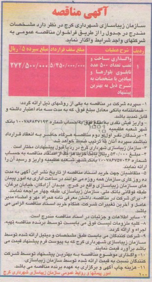 مناقصه, مناقصه واگذاری ساخت و نصب تعداد 500 عدد تابلوی بلوارها و میادین 