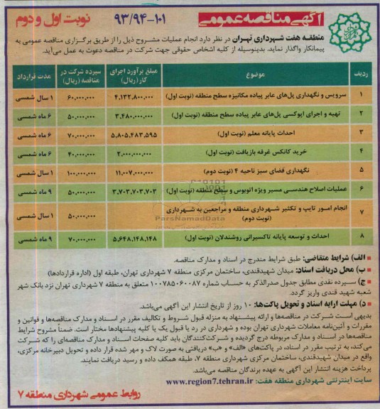 مناقصه عمومی, مناقصه سرویس و نگهداری پل های عابر پیاده مکانیزه سطح منطقه 