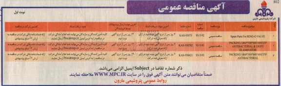 مناقصه عمومی , مناقصه SPARE PARTS FOR RING- O VALVE