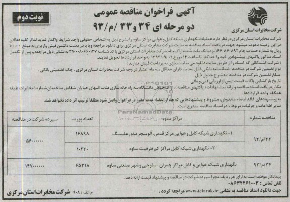 آگهی فراخوان مناقصه عمومی, مناقصه عملیات نگهداری شبکه کابل و هوایی 