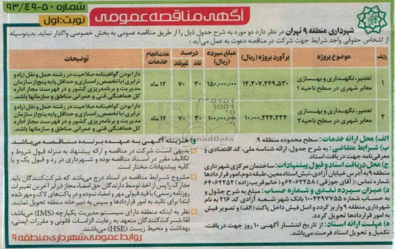 آگهی مناقصه عمومی , مناقصه تعمیر ، نگهداری و بهسازی معابر شهری