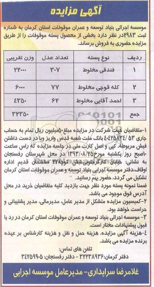 مزایده , مزایده محصول پسته موقوفات 