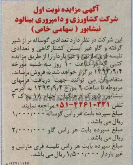 مزایده , مزایده تعدادی گوساله نر