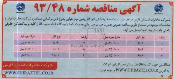 مناقصه , مناقصه خرید شش قلم کابل بدون مهار هوایی 