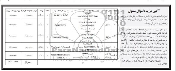 مزایده اموال منقول , مزایده اموال منقول جرثقیل