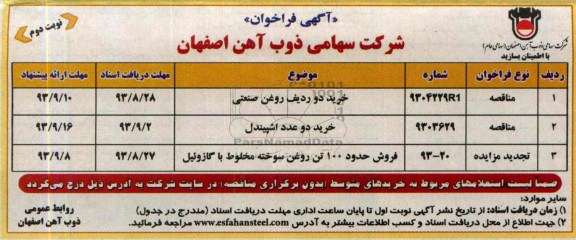 آگهی فراخوان , مزایده فروش حدود 100 تن روغن سوخته مخلوط با گازوئیل 
