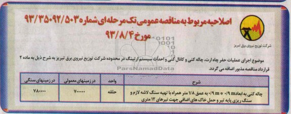 اصلاحیه مناقصه عمومی تک مرحله ای , اصلاحیه اجرای عملیات حفر چاه ارت، چاله کنی و کانال کنی و احداث سیستم ارتینگ 