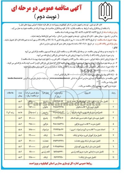 آگهی مناقصه عمومی دو مرحله ای, مناقصه تکمیل سالن چندمنظوره، تکمیل دبیرستان و ...