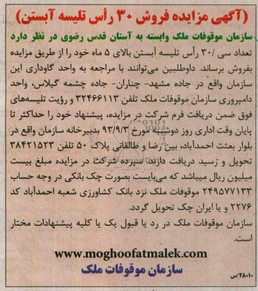 آگهی مزایده ,مزایده تعداد سی/30 راس تلیسه آبستن