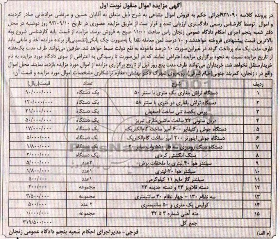 مزایده اموال منقول , مزایده اموال منقول دستگاه تراش بلغاری
