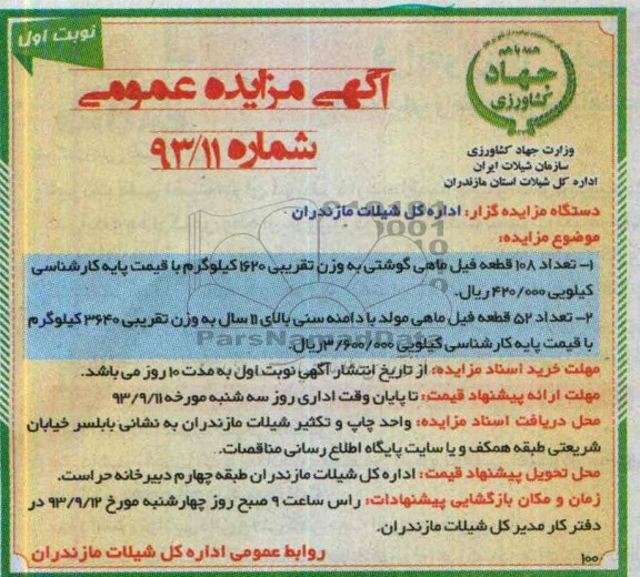 آگهی مزایده عمومی,مزایده عداد 108 قطعه فیل ماهی گوشتی