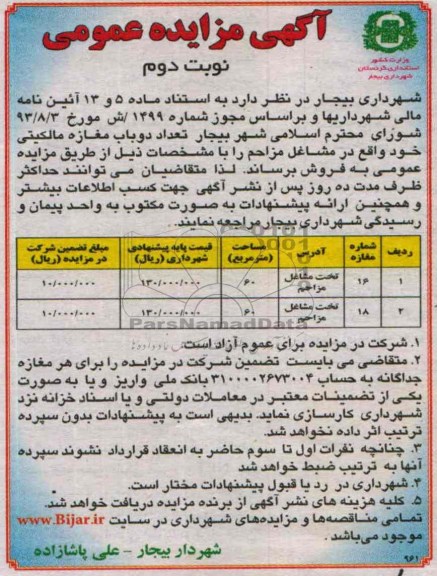 آگهی مزایده عمومی, مزایده فروش تعداد دو باب مغازه