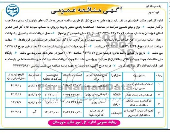 آگهی مناقصه عمومی یک مرحله ای , مناقصه احداث جاده 