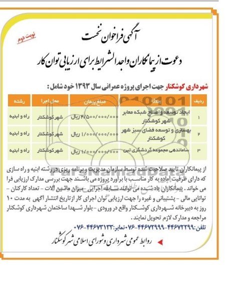 آگهی فراخوان نخست, مناقصه ایجاد توسعه و اصلاح شبکه معابر 